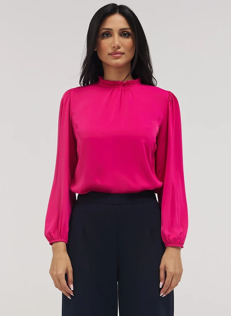 زجزاج بلوزة بأكمام طويلة وتفاصيل عنق - وردي فاقع